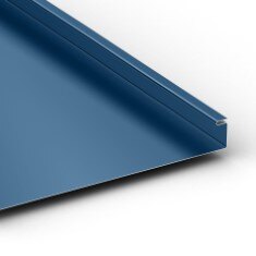Blue standing seam metal roofing panel with a raised seam profile